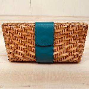 Three Islands Woven Rattan Turquoise Leather Clutch Bag Straw